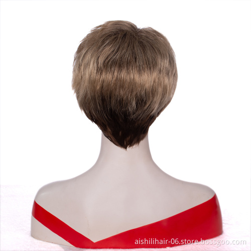 Cheap Wholesale Short Brown Wigs For Whight Women Fluffy Layered Synthetic Hair Wigs With Bangs 9 inches